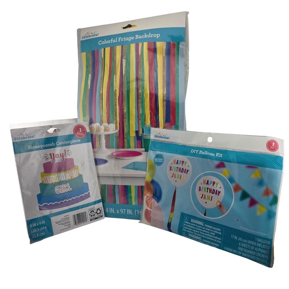Way to Celebrate Colorful Birthday Decor Bundle Fringe Backdrop Balloon Kit‎